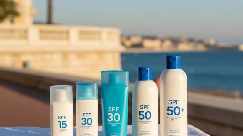 Rangée de produits solaires de différents indices SPF sur une serviette de plage à Nice