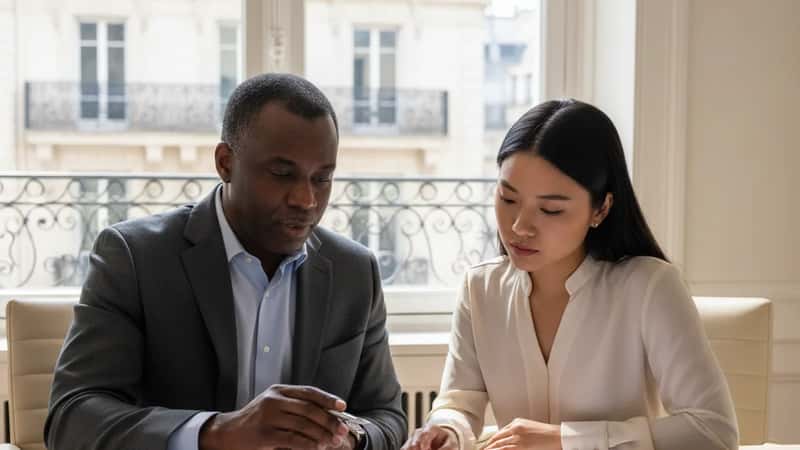 Employment attorney and client reviewing non-compete contract at a Newark New Jersey law office conference table