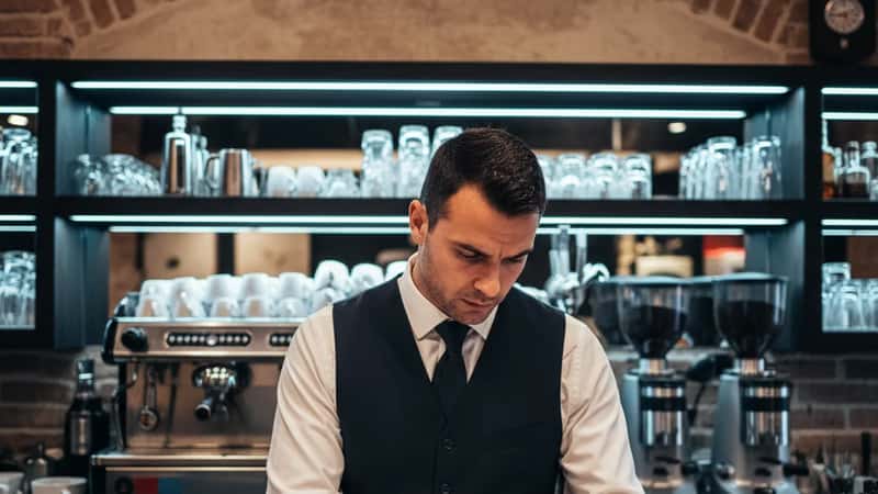 Lavoratore di un bar a Verona consulta il contratto collettivo al bancone