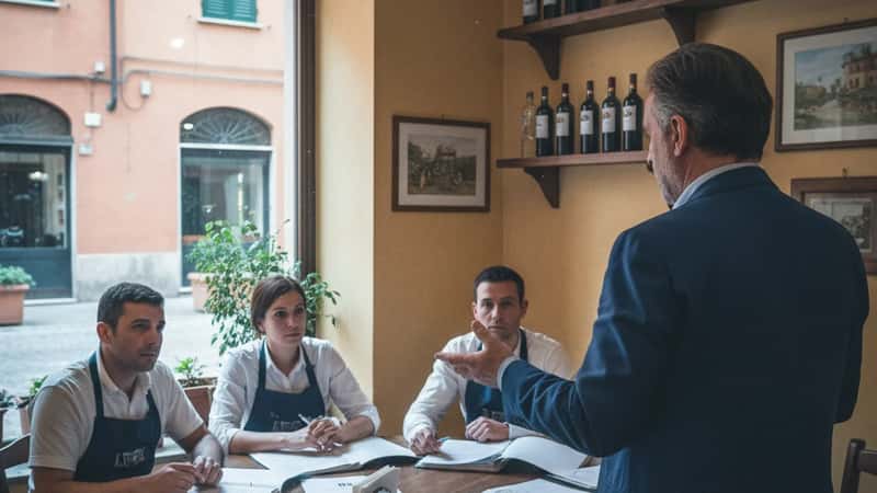 Rappresentante sindacale illustra il CCNL Pubblici Esercizi a lavoratori di ristorante a Verona