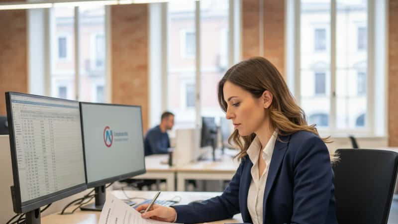 Dipendente TLC donna a Torino che esamina tabelle contrattuali del CCNL Telecomunicazioni su monitor e documenti cartacei in ufficio open-plan