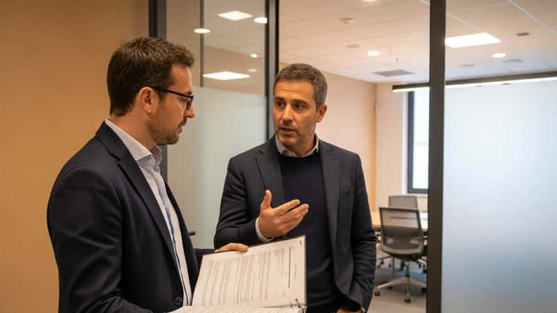 Due lavoratori TLC a Bologna discutono del contratto collettivo nel corridoio di un ufficio sindacale, tenendo documenti del CCNL