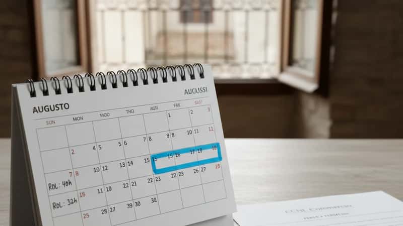 Calendario ferie con giorni ROL segnati a Verona, con estratto del CCNL Telecomunicazioni sul tavolo