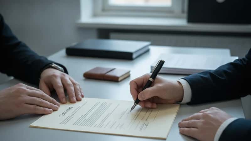 Jurist och klient undertecknar ett testamente med vittne i ett notariekontor i Malmö