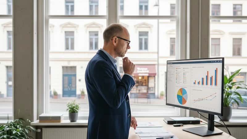 HR-chef på Göteborgskontor granskar löne- och arbetstidsrapporter på höj- och sänkbart skrivbord, övergjutet naturligt dagsljus från fönstervägg