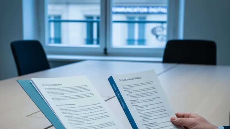 Närbild av händer som jämför två uppslagna dokument – kollektivavtalstext bredvid LAS-stadga – på ekfärgat konferensbord, kallt lysrörsljus, petrolblått omslag synligt