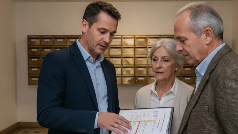 Syndic de copropriété présentant un rapport d'inspection à des copropriétaires dans le hall d'un immeuble lyonnais