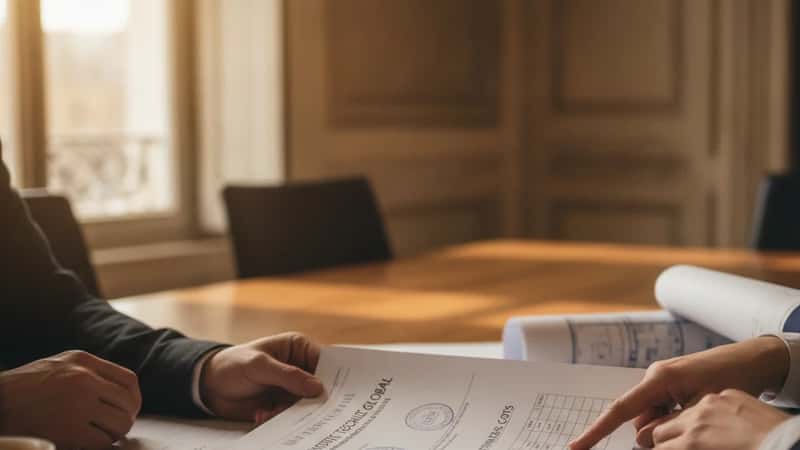 Mains tenant un Diagnostic Technique Global et des plans d'architecte sur une table de réunion à Bordeaux