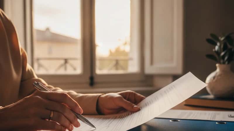 Avocate en droit de la famille examinant un contrat dans un cabinet à Nice, lumière naturelle dorée sur les documents