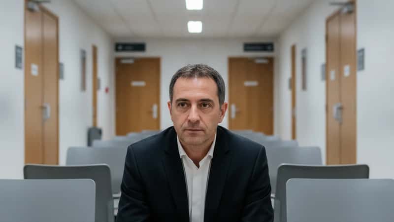 Homme français en costume sombre dans la salle d'attente d'un tribunal judiciaire à Rennes, dossier juridique sur les genoux, expression concentrée