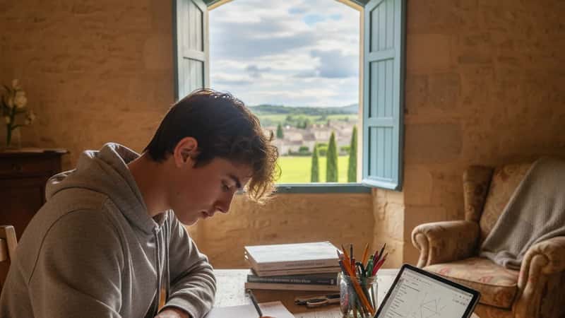 Australian teenager working through maths problems on a tablet at a home study desk