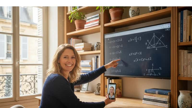 Online maths tutor explaining algebra equations on a shared digital whiteboard during a video call