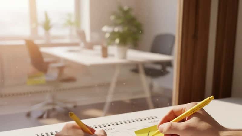 Bankanställd kvinna planerar semester med markerade datum i kalender på uteplatsbord, varmt guldigt sommarljus, Västerås