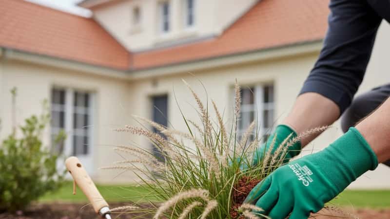 Mains d'un paysagiste français en gants verts plantant un arbuste dans un jardin suburban