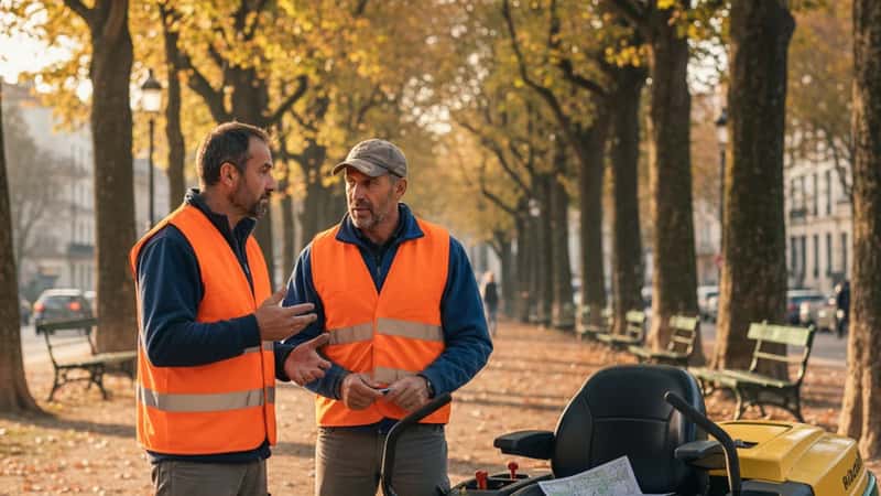 Deux ouvriers paysagistes en gilets de sécurité discutant près d'une tondeuse autoportée dans un parc lyonnais