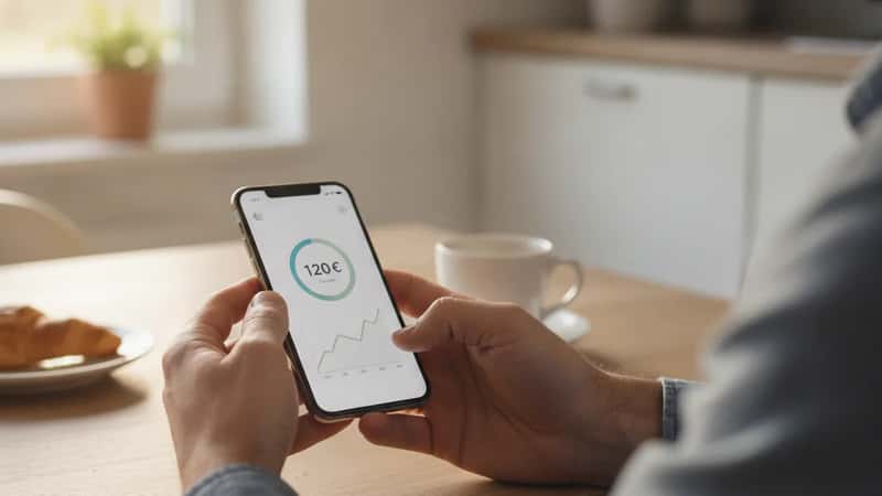 Un père français consulte les détails de son compte PEAC sur son smartphone dans une cuisine de maison à Lyon, lumière matinale naturelle