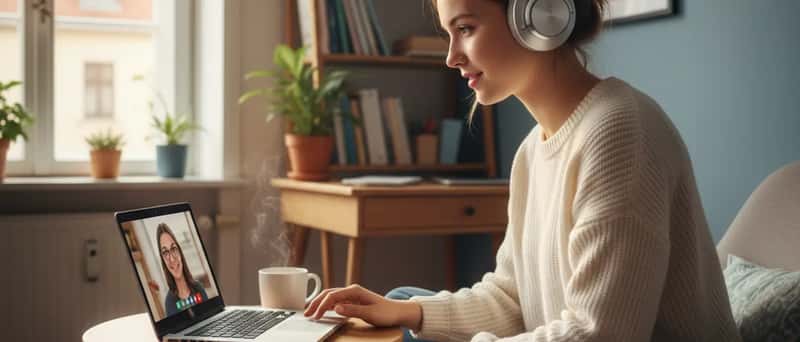 Schüler bei einer Online-Nachhilfestunde am Laptop mit Kopfhörern in einem gemütlichen Arbeitszimmer