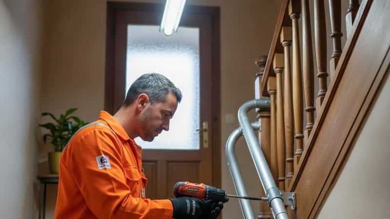 Artisan en salopette orange installant un rail de monte-escalier sur un escalier en bois dans un couloir de maison à Grenoble