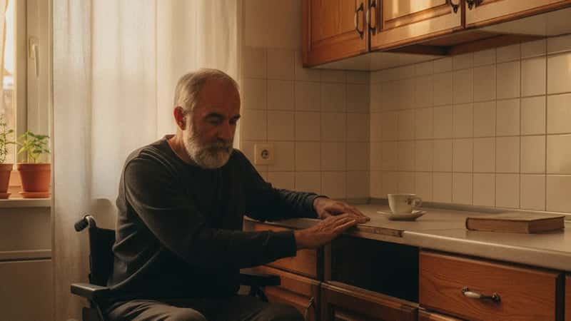 Senior en fauteuil roulant testant un plan de travail abaissé dans une cuisine adaptée à Toulouse