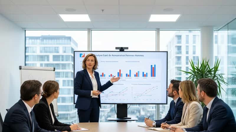 Directrice RH française présentant des graphiques d'analyse des écarts salariaux à son équipe de direction dans une salle de réunion moderne à Nantes