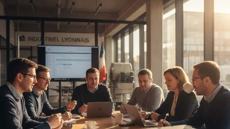Membres du Comité Social et Économique d'une entreprise lyonnaise examinant des rapports d'égalité salariale autour d'une table de réunion