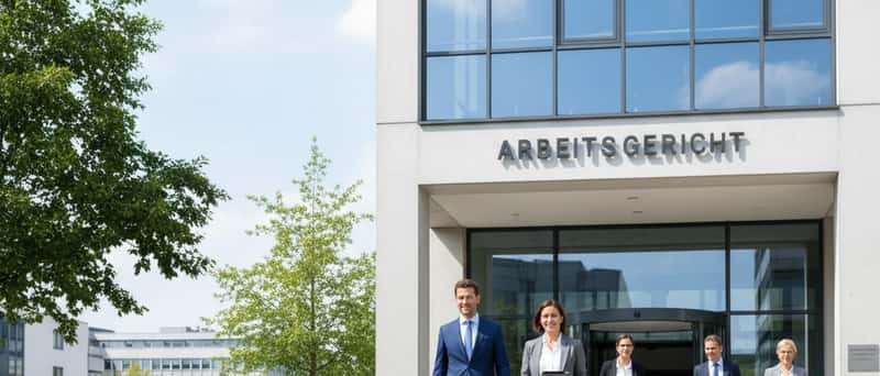 Eingang eines deutschen Arbeitsgerichts mit Besuchern vor dem Gebäude