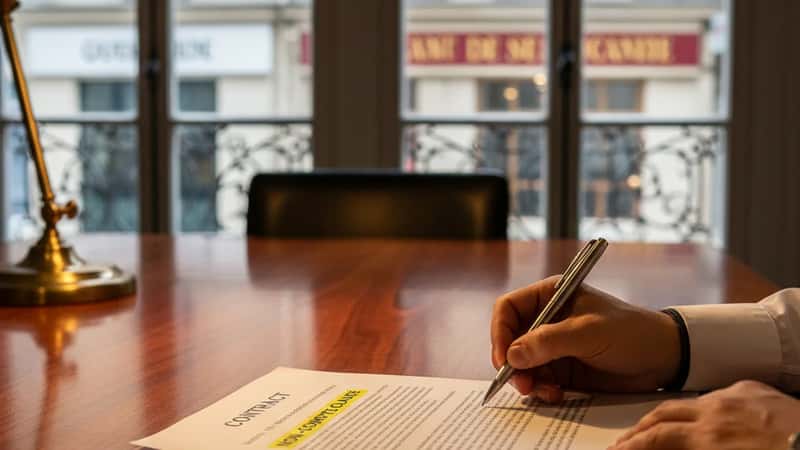 Legal contract document with a highlighted non-compete clause on a mahogany table in a Fargo law office, attorney's annotating hand under warm incandescent lamp light