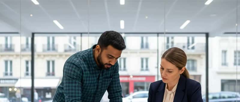 South Asian British man reviewing property documents with a solicitor at a modern Manchester office