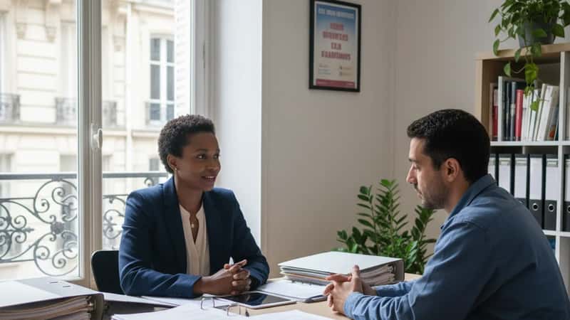Employment attorney consulting with factory worker about overtime rights in Lafayette legal aid office