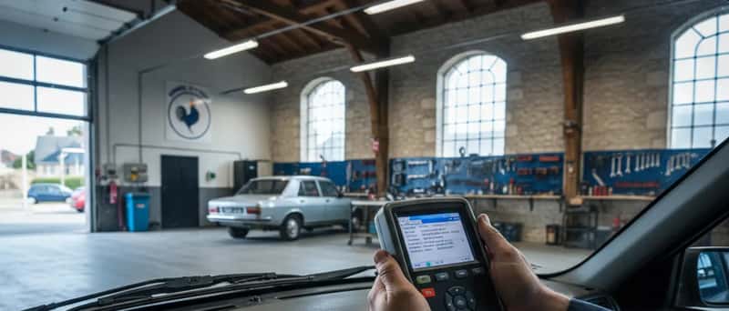 Mains d'un mécanicien utilisant un outil de diagnostic OBD-II branché sur un véhicule dans un atelier suisse