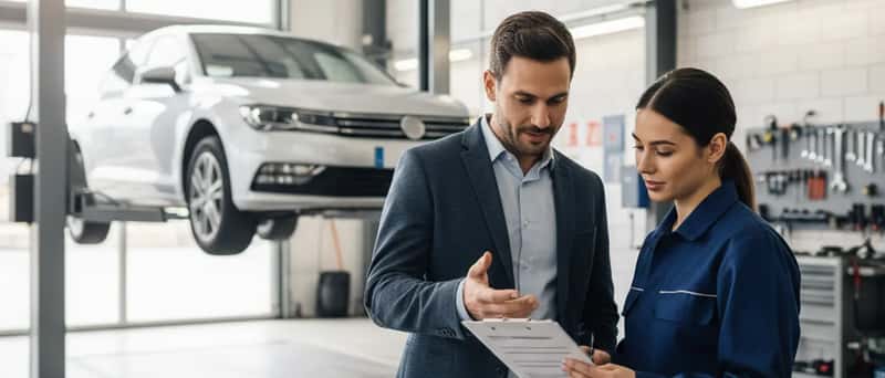 Client et mécanicien examinant un devis de réparation dans un garage moderne