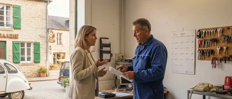 Propriétaire discutant d'un devis avec un mécanicien au comptoir d'un garage indépendant en Suisse