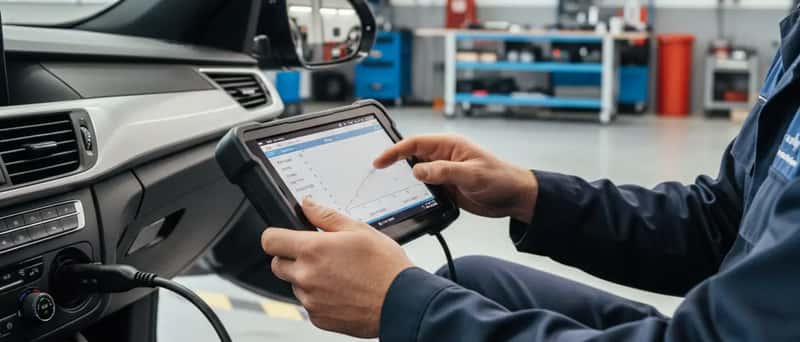 Mécanicien utilisant un outil de diagnostic électronique branché sur le port OBD d'un véhicule