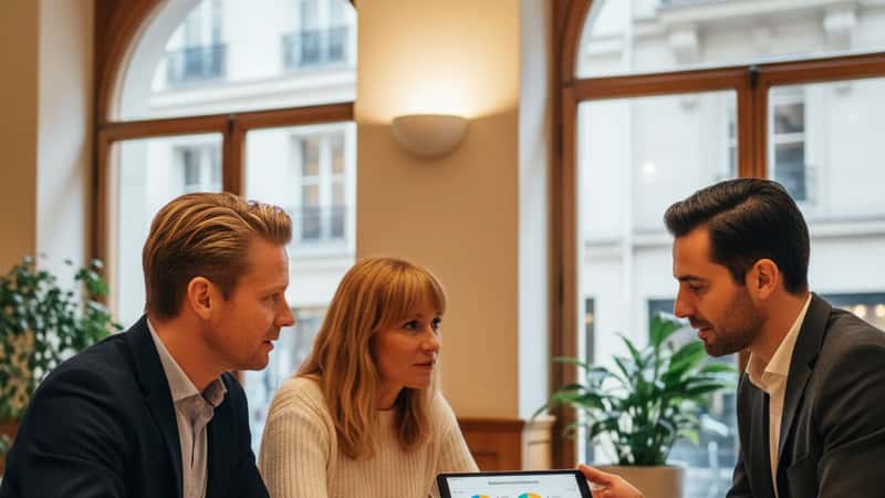Två personer i medelåldern rådgör med bankreresentant om pensionsallokeringar på surfplatta