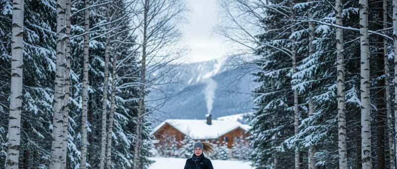 Suomalainen juoksija talvisella metsäpolulla koivujen ja mäntyjen reunustamalla reitillä