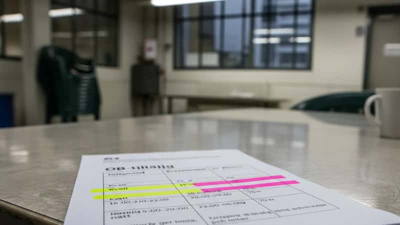 OB-tidsschema från Bussbranschavtalet med markerade kvällstimmar och nattillägg på bruk i bussförråd