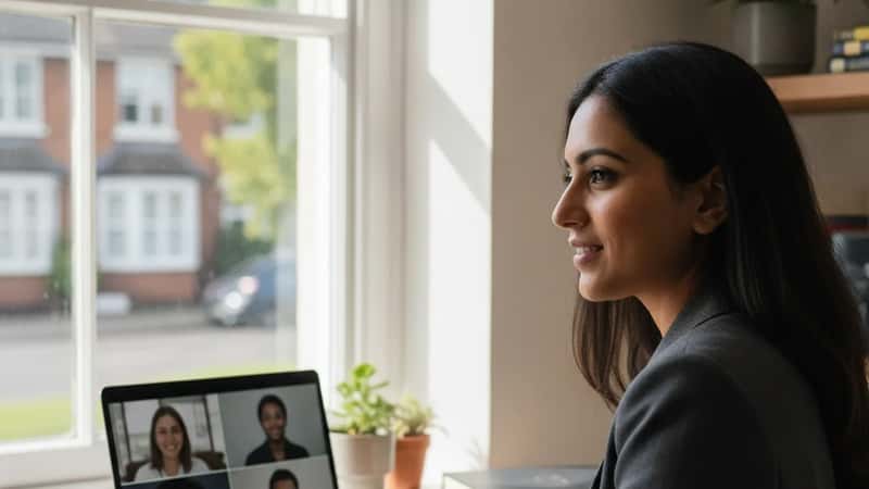 In Bristol, a South Asian British woman employment lawyer on a video call with a contractor client, professional home office setting with notebook and laptop, confident consultation posture