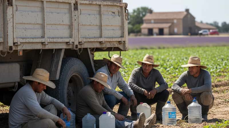 Immokalee farmworkers resting under truck shade during Florida heat — no state break mandate for agriculture