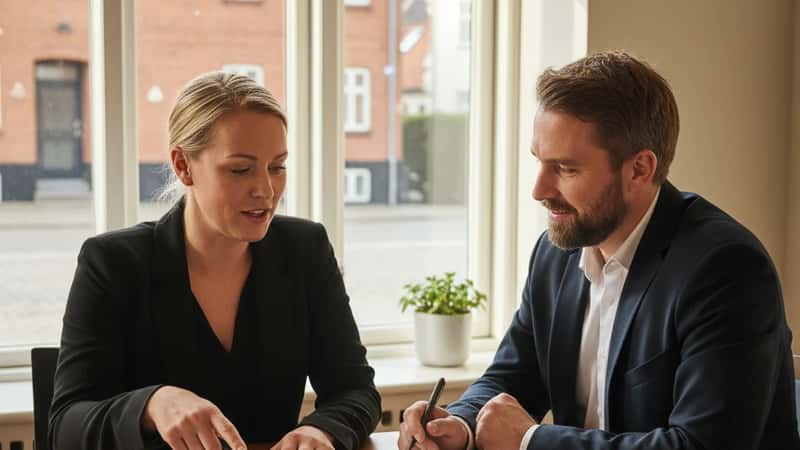 SOSU-assistent og FOA-repræsentant gennemgår ansættelsesdokumenter ved lyst vinduebord i Aalborg