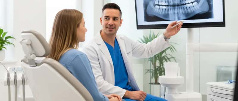 Patient discussing a dental treatment plan with a dentist in a modern British clinic