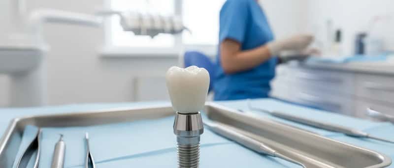 Titanium dental implant components arranged on a sterile clinical tray