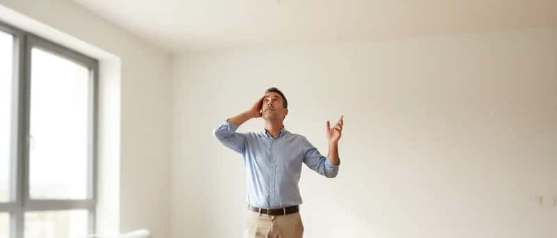 Proprietária portuguesa a observar uma mancha de humidade no teto de um apartamento, com expressão preocupada