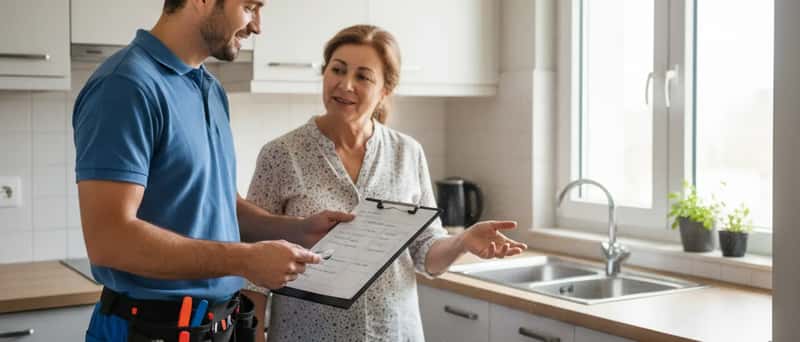 Canalizador a mostrar um orçamento detalhado numa prancheta a uma cliente numa cozinha portuguesa