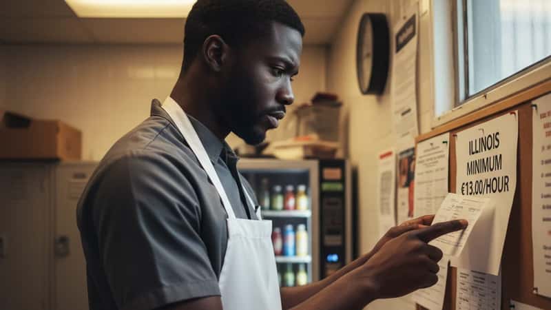 Chicago food service worker checking pay stub against minimum wage notice on break room wall
