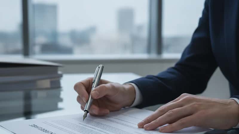 Mains d'une avocate nantaise tenant un stylo au-dessus d'une clause de non-concurrence à signer, documents légaux sur table en verre