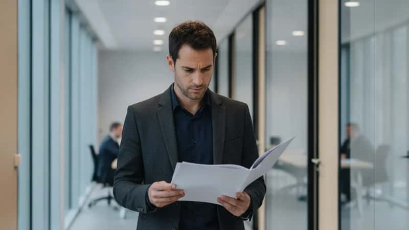 Professionnel français lisant un contrat dans le couloir vitré d'un immeuble de bureaux à Nantes, lumière naturelle matinale, expression attentive