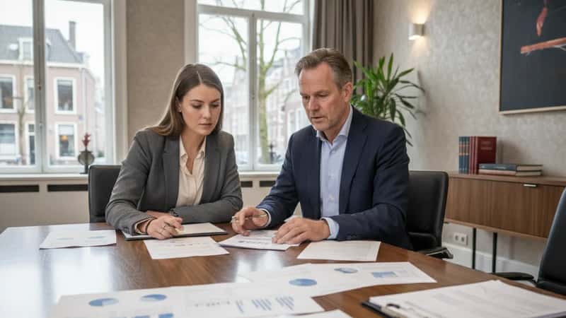 Adviseur in een Utrechts juridisch kantoor bespreekt insolventieprocedures met een cliënt aan vergadertafel