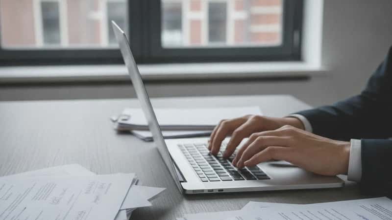 Handen van een Nederlandse professional typen op laptop omringd door juridische correspondentie in een Den Haag kantoor