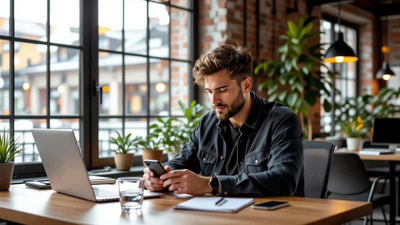 Jeune homme configurant les réglages de confidentialité de son smartphone à un bureau partagé