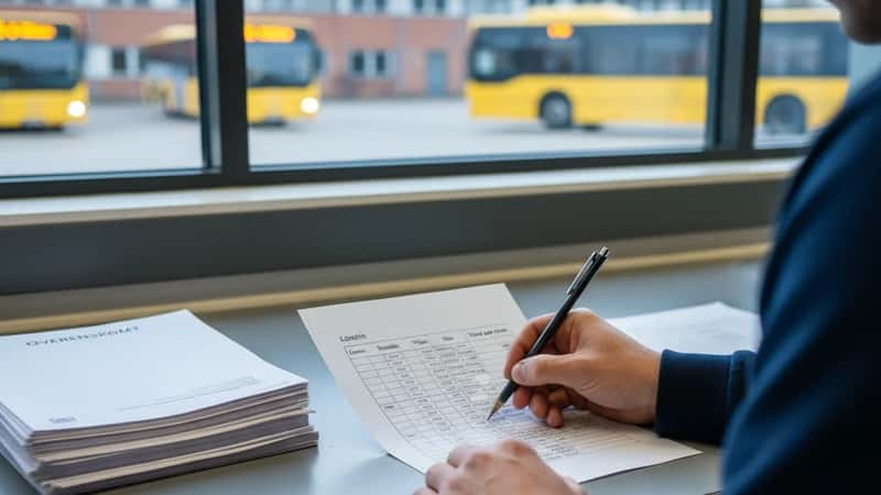 Rutebuschauffør markerer løntabel ved depotskrivebord i Odense, pen i bevægelse, overenskomstbilag spredt på bordet